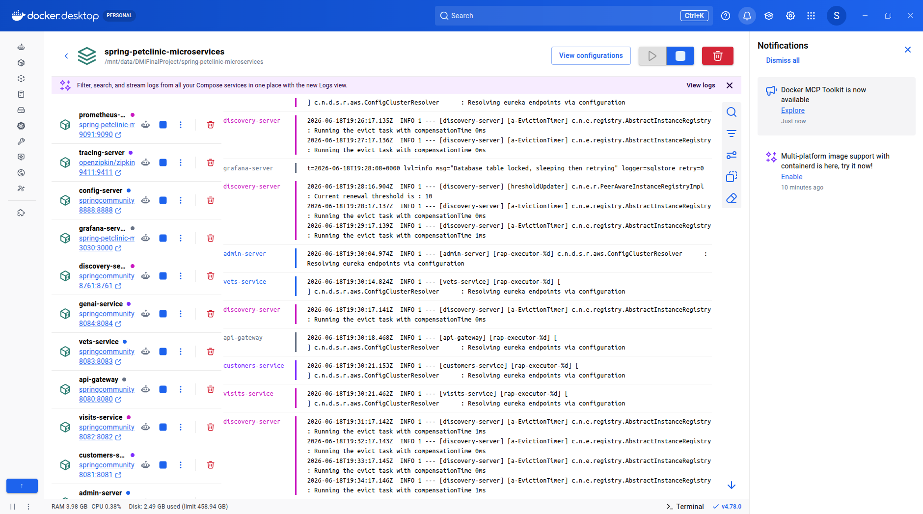 Docker Desktop showing containers starting up